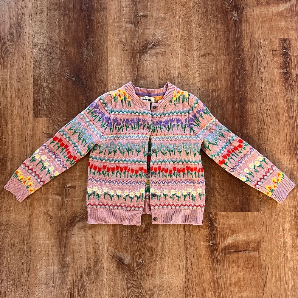 Mini Boden Wool Fair Isle Floral Cardigan Sweater - Size 6-7